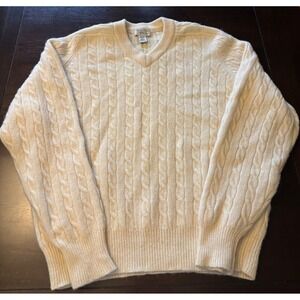 Vintage‎ Heather & Tweed XXL Ivory Cable Knit V-Neck 100% Shetland Wool Sweater